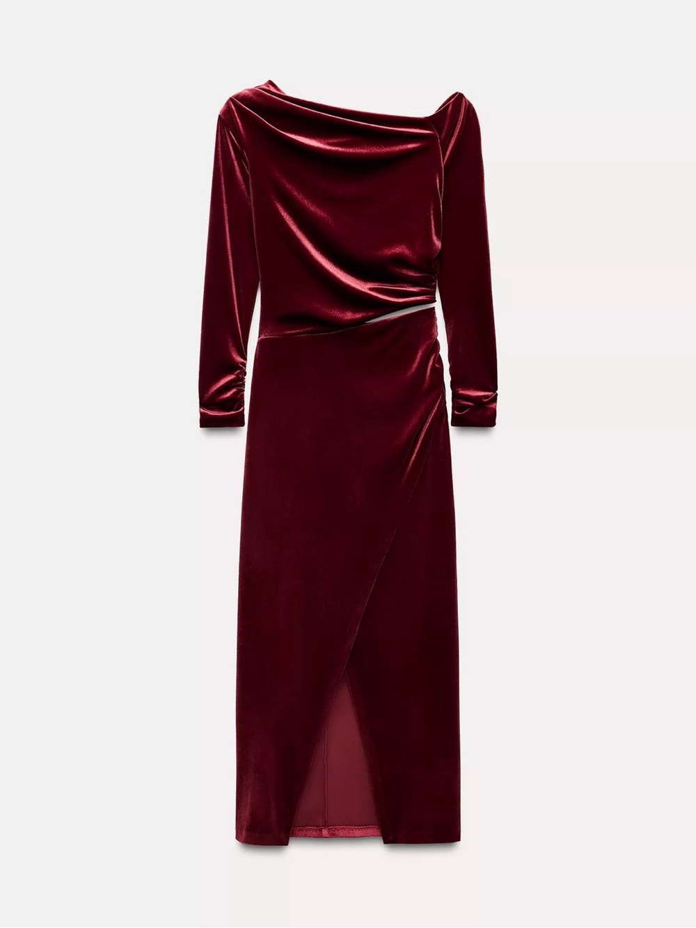 Zara Deep Burgundy Velvet Long-Sleeve Wrap Midi Dress